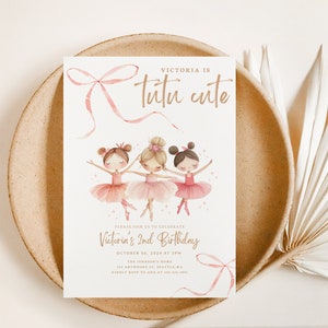 May include: A pink and gold birthday invitation with a watercolor illustration of three ballerinas. The text reads "Victoria is Tutu Cute" and "Victoria's 2nd Birthday".
