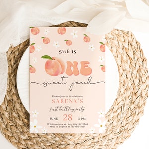 Une invitation pêche douce, invitation d'anniversaire pêche, invitation premier anniversaire de filles, une pêche douce, groovy, bohème, minimaliste, 1er anniversaire