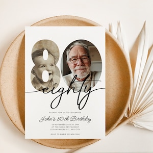 80th Birthday Invite, Look Who&#39;s 80, 80th Birthday Invitation with Photo, Simple 80th Invitation, Eighty Birthday, Invite for Man Woman