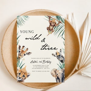 Young Wild and Three, 3rd Birthday Invite, Safari Jungle Animal Birthday Invitation, Self Editable Third Birthday Invite, Minimalist, Boho