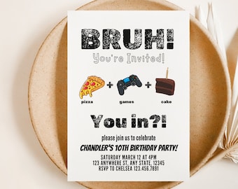 BRUH Birthday Invite, Boy Birthday Editable Invitation Template, Bro Bruh Party, Printable Digital Invitation, Instant Download, Pizza Party