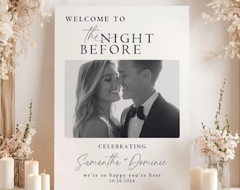 前夜、写真付き結婚式リハーサルディナーのウェルカムサイン、美的、ボヘミアンウェディング、トレンディなミニマリスト、編集可能、印刷可能