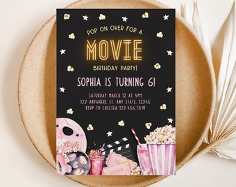 Movie Birthday Invitation, Girl Movie Birthday Invitation, Pop on over Birthday Invitation, Cinema Birthday, Movie Party Theme, Pink