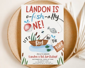 Fishing 1st Birthday Party Invitation, O-Fish-Ally One, Boy 1st Birthday Invite, Fisherman Party, Gone Fishing Party, Self Editable, Fishing