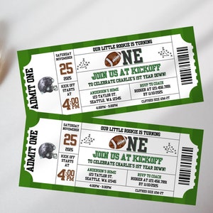 Fußball 1. Geburtstagseinladung Ticket Stub, erstes Jahr nach unten, Spiel auf Fußball einladen, Jungengeburtstag einladen Vorlage Sport-Geburtstags-Rookie