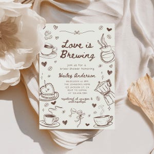 Invitation de mariage coquette Love Is Brewing, faire-part de douche nuptiale martini expresso, brunch expresso d'invitation, café mariage Doodle dessiné à la main