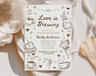 Love Is Brewing Coquette Bow Invite, Espresso Martini Bridal Shower Invitation, Espresso Brunch Invite, Coffee Wedding Doodle Hand Drawn