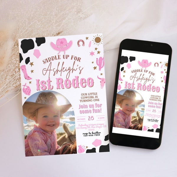 Girl 1st Rodeo Birthday Invitation, Self Editable Our Little Cowgirl is One, Cowgirl Ranch Western First Birthday Invite, Girls 1st Birthday