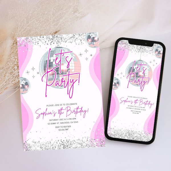Glitter Disco Party Invite, Disco Party Invite, Digital Invite, Girl Birthday Invite, Let's Party Invite, Girls birthday invitation, Pink