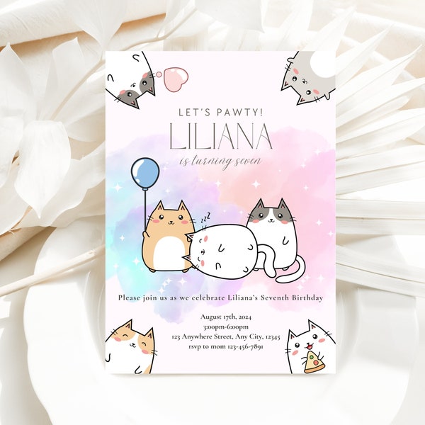 Kat verjaardagsuitnodiging, kat thema verjaardagsuitnodiging, bent u Kitten Me verjaardag, laten we Paw-ty verjaardag uitnodigen, Rainbow Cats Card