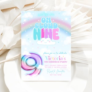 Cloud 9 Birthday Invite, Self Editable Cloud Nine Birthday Invitation, Rainbow Cloud 9 Invite, 9th Birthday, Cloud nine invitation, Girly