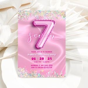 Editable 7th Pink Birthday Invitation, Glitter Balloon Birthday Party Invite, Balloon 7th  Birthday Instant Download, Digital Invite, Boho