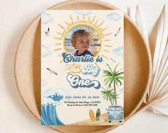 The Big One Surfing 1st Birthday Invite With Photo, Boy Party Invitation, Retro Boy Surf Van Surfboard Beach Party Invite, Beach Waves Ocean