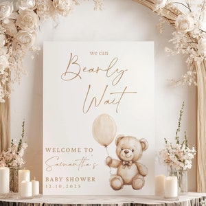 We Can Bearly Wait Baby Shower Welcome Sign, Gender Neutral Watercolor Bear Baby Shower Sign Boho Teddy Bear Baby Shower Editable Digital