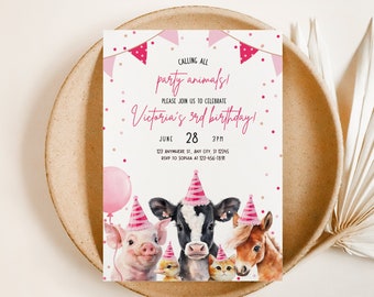 May include: Pink and white birthday party invitation with a pink polka dot background. The invitation says "Calling all party animals! Please join us to celebrate Victoria's 3rd birthday!" with a date of June 28th at 3pm. The invitation also includes a pink balloon, a pig, a cow, a horse, and a chick wearing party hats.