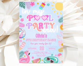 May include: A blue and pink pool party invitation with a flamingo float, watermelon, and ice cream cones. The text reads "in my POOL PARTY era! Olivia's 8th Birthday Bash! Are you ready for it? October 28, 2023, 1:00 PM, 123 Sunny St, San Diego, CA 12345, RSVP to Heather 723-456-7890".