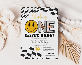 One Happy Dude Birthday Invite, 1st birthday Invite with Photo, Boy 1st birthday invite, Digital invite, One Cool Dude, Groovy Invite