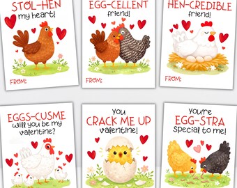 Chicken Valentine's Day Cards, Farm Valentines Cards, Printable Classroom Valentine's Day Cards for Kids, Cute Animal Instant Download