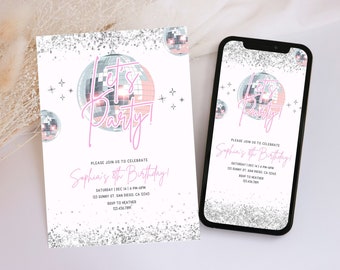 May include: A digital invitation with a silver and pink disco ball design. The text "Let's Party!" is written in pink. The invitation is for Sophia's 8th birthday party. The date, time, and location are included.