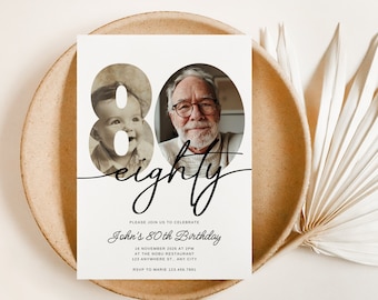 May include: An invitation for John's 80th birthday, featuring a vintage photo of John as a baby within the number 80, and a recent photo of John. The word "eighty" is written in cursive. The invitation includes the date, time, and location.