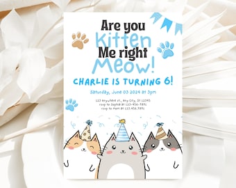 Cat Birthday Invitation, Cat Theme Birthday Invitation, Are You Kitten Me Birthday, Let's Paw-ty Birthday Invite, Blue, Boy Cat Birthday