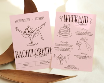 Retro Bachelorette weekend Invitation and Itinerary, Cocktail Bachelorette Party Invite, Coastal Hand Drawn, Beach Bachelorette Party,Groovy