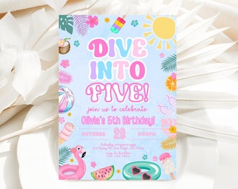 Dive Into Five 5th Birthday Party Invitation, Summer Birthday Invite, Splish Splash Girly Pool Birthday Party , Tropical Birthday, Beach