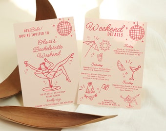 Retro Bachelorette weekend Invitation and Itinerary, Cocktail Bachelorette Party Invite, Coastal Hand Drawn, Beach Bachelorette Party,Groovy