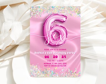 Editable 6th Pink Birthday Invitation, Glitter Balloon Birthday Party Invite, Balloon 6th  Birthday Instant Download, Digital Invite, Boho