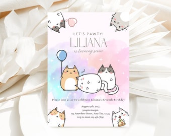 Cat Birthday Invitation, Cat Theme Birthday Invitation, Are You Kitten Me Birthday, Let's Paw-ty Birthday Invite, Rainbow Cats Card