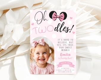 Oh Twodles! 2 歳児の写真付き誕生日招待状、2 歳の誕生日招待状、Oh Twodles 招待状、ボヘミアン、かわいい、ミニマリスト招待状、マウス
