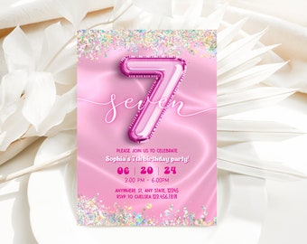 Editable 7th Pink Birthday Invitation, Glitter Balloon Birthday Party Invite, Balloon 7th  Birthday Instant Download, Digital Invite, Boho