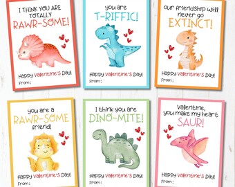 Tarjetas de San Valentín con dinosaurios para niños, tarjetas de San Valentín para niños, etiquetas de San Valentín con dinosaurios, tarjetas de San Valentín para la escuela para imprimir, descarga instantánea, para niños
