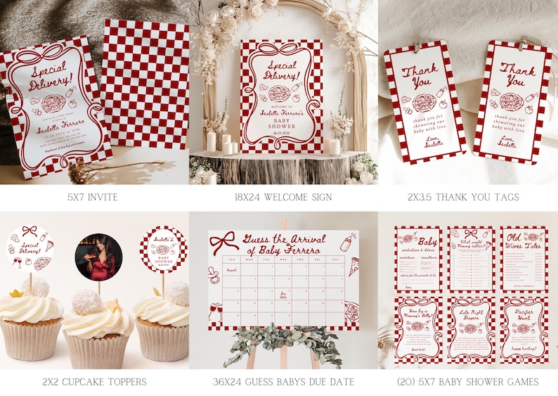 K&ouml;nnte beinhalten: Eine Sammlung von Babyparty-Papeterie mit rot-wei&szlig;em Karomuster. Enth&auml;lt Einladungen, ein Willkommensschild, Dankeskarten, Cupcake-Topper, einen F&auml;lligkeitskalender und Babyspielspiele. Der Text enth&auml;lt "Special Delivery!" und "Baby Shower".