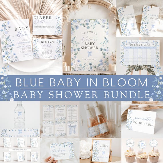 Blue Baby in Bloom Baby Shower Invitation Bundle, Coquette, Blue Floral, Boho, Blue Bow Easter Spring Baby Shower Decor Ideas Wildflower