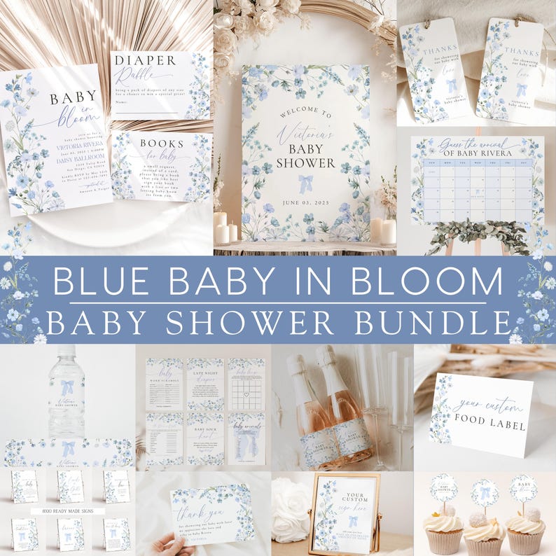 May include: Blue baby shower printable bundle with floral designs. Includes welcome sign, diaper raffle, food labels, thank you cards, and more.  The text reads "Blue Baby in Bloom Baby Shower Bundle".