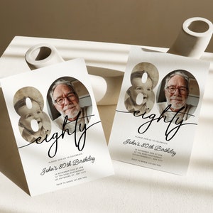 May include: Two white birthday invitations with a photo of a baby and an older man. The number 80 and the word "eighty" are in a script font. The text "John's 80th Birthday" is also included.