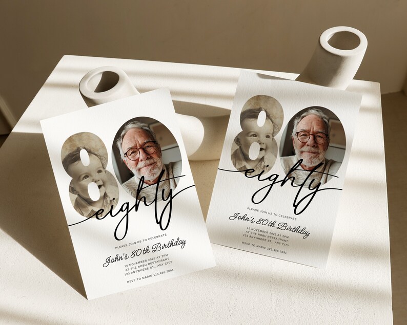 May include: Two white birthday invitations with a photo of a baby and an older man. The number 80 and the word "eighty" are in a script font. The text "John's 80th Birthday" is also included.