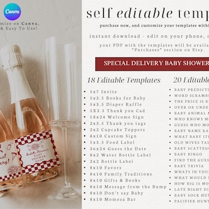 K&ouml;nnte beinhalten: Zwei Champagnerflaschen mit rosa Fl&uuml;ssigkeit und Etiketten mit der Aufschrift "Special Delivery!" und "Baby Shower". Neben den Flaschen steht eine klare Champagnerfl&ouml;te. Text auf der rechten Seite listet Babyparty-Vorlagen und -Spiele auf.
