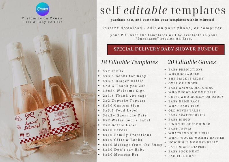 K&ouml;nnte beinhalten: Zwei Champagnerflaschen mit rosa Fl&uuml;ssigkeit und Etiketten mit der Aufschrift "Special Delivery!" und "Baby Shower". Neben den Flaschen steht eine klare Champagnerfl&ouml;te. Text auf der rechten Seite listet Babyparty-Vorlagen und -Spiele auf.