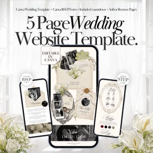 Puede incluir: Una plantilla de sitio web de bodas de 5 p&aacute;ginas editable en Canva, mostrada en tres pantallas de tel&eacute;fono inteligente. El dise&ntilde;o presenta papeler&iacute;a de color crema, acentos florales, fotos de boda, un temporizador y un formulario RSVP.
