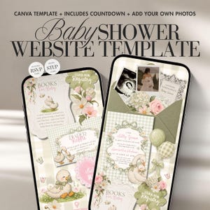 Può includere: Un modello di sito web per baby shower visualizzato su due smartphone, con uno sfondo a quadretti vichy verde salvia e bianco, illustrazioni di oche, accenti floreali e testo che include Baby Shower Website Template, Books for Baby e Diaper Raffle.