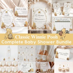 May include: A Winnie the Pooh themed baby shower bundle with a variety of printable items, including invitations, games, food labels, and thank you cards. The design features a classic Winnie the Pooh illustration with honey pots, balloons, and floral accents.