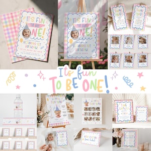 Op de afbeelding: Een collectie feestartikelen voor een eerste verjaardag met pastelkleurige ruitranden en de tekst It's Fun To Be One. Bevat uitnodigingen, welkomstborden, maandelijkse fotobanners, bedankkaartjes, waterfleslabels en bordjes voor bij het eten.