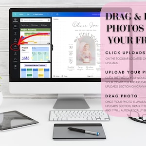 Puede incluir: Una pantalla de ordenador que muestra una plantilla de dise&ntilde;o de Canva con un fondo rosa y el texto "DRAG & DROP PHOTOS INTO YOUR FRAME". El texto "CLICK UPLOADS" tambi&eacute;n es visible en la pantalla. La pantalla est&aacute; sobre un escritorio blanco con un teclado, una tableta y una tableta gr&aacute;fica.