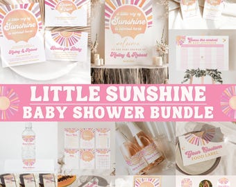 Sunshine Baby Shower Bundle, A Little Ray of Sunshin Baby Shower, Pink Sun Girl Baby Shower Signs Games Summer Sun Baby Shower Decor Retro