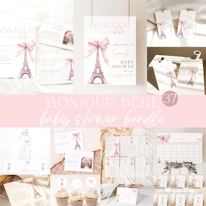 Bonjour bebe Shower Bundle, Bonjour Bébé Babyparty Bundle, Eiffelturm, Pariser Café, Paris Babyparty Boho, rosa Schleife, Coquette Baby