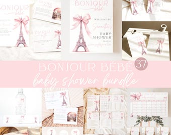 May include: A pink and white baby shower bundle with a Parisian theme. The bundle includes a welcome sign, invitations, water bottle labels, cupcake toppers, and other decorations. The text on the sign reads "Bonjour Bebe Welcome to Samantha's Baby Shower 06.03.14".