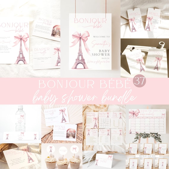 Bonjour bebe Shower Bundle, Bonjour Bébé Baby Shower Bundle, Eiffel Tower, Parisian Cafe, Paris Baby Shower boho, Pink Bow, Coquette Baby