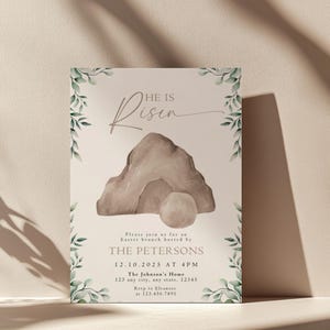 May include: A light green and white invitation card with a watercolor illustration of a stone tomb with a rolling stone. The text reads "He is Risen" and includes details for an Easter brunch hosted by The Petersons on December 10, 2025 at 4 PM.